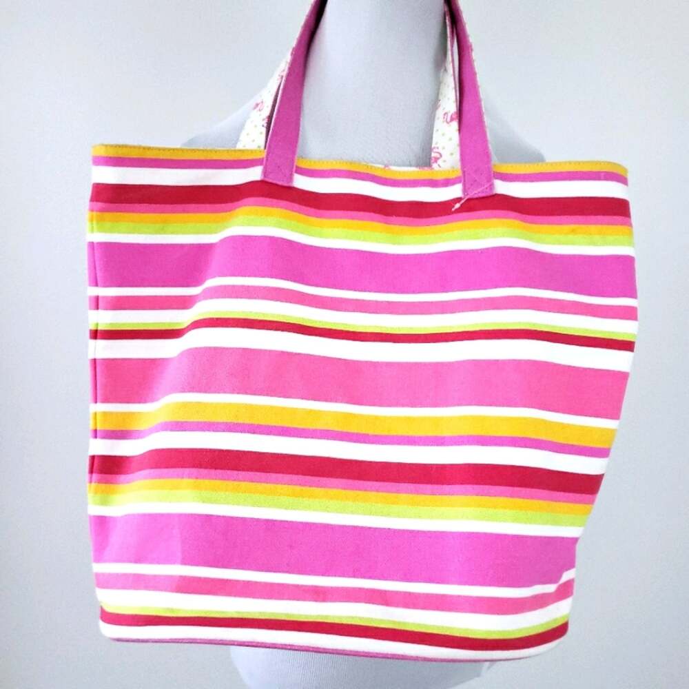 Canvas Striped Summer Tote Bag Flamingo Lining